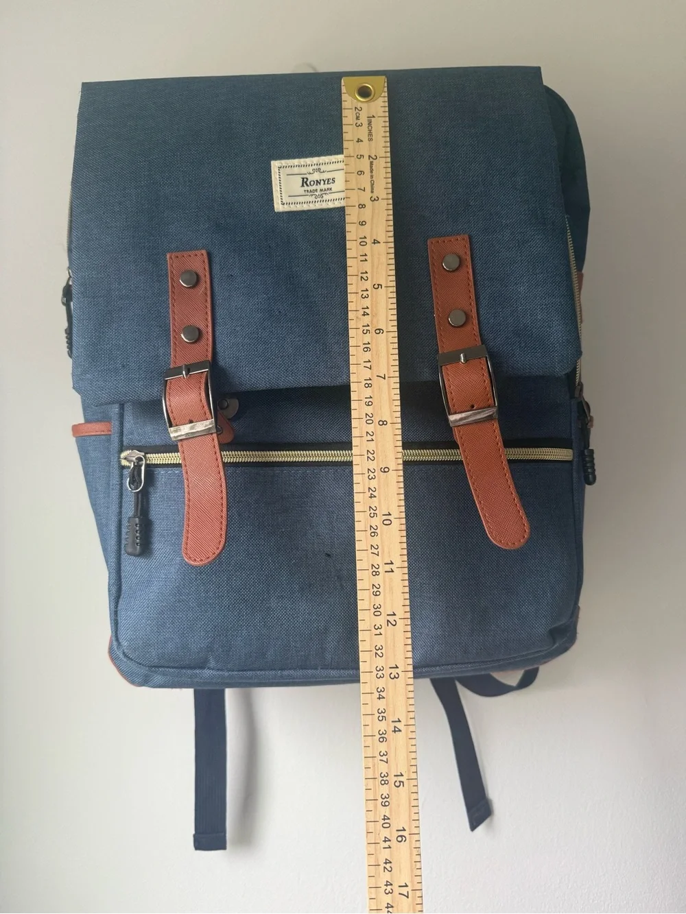 Navy Canvas Backpack with Brown Leather Accents